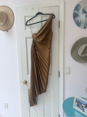 Dress Forum One-Shoulder Pleated Taupe Dress